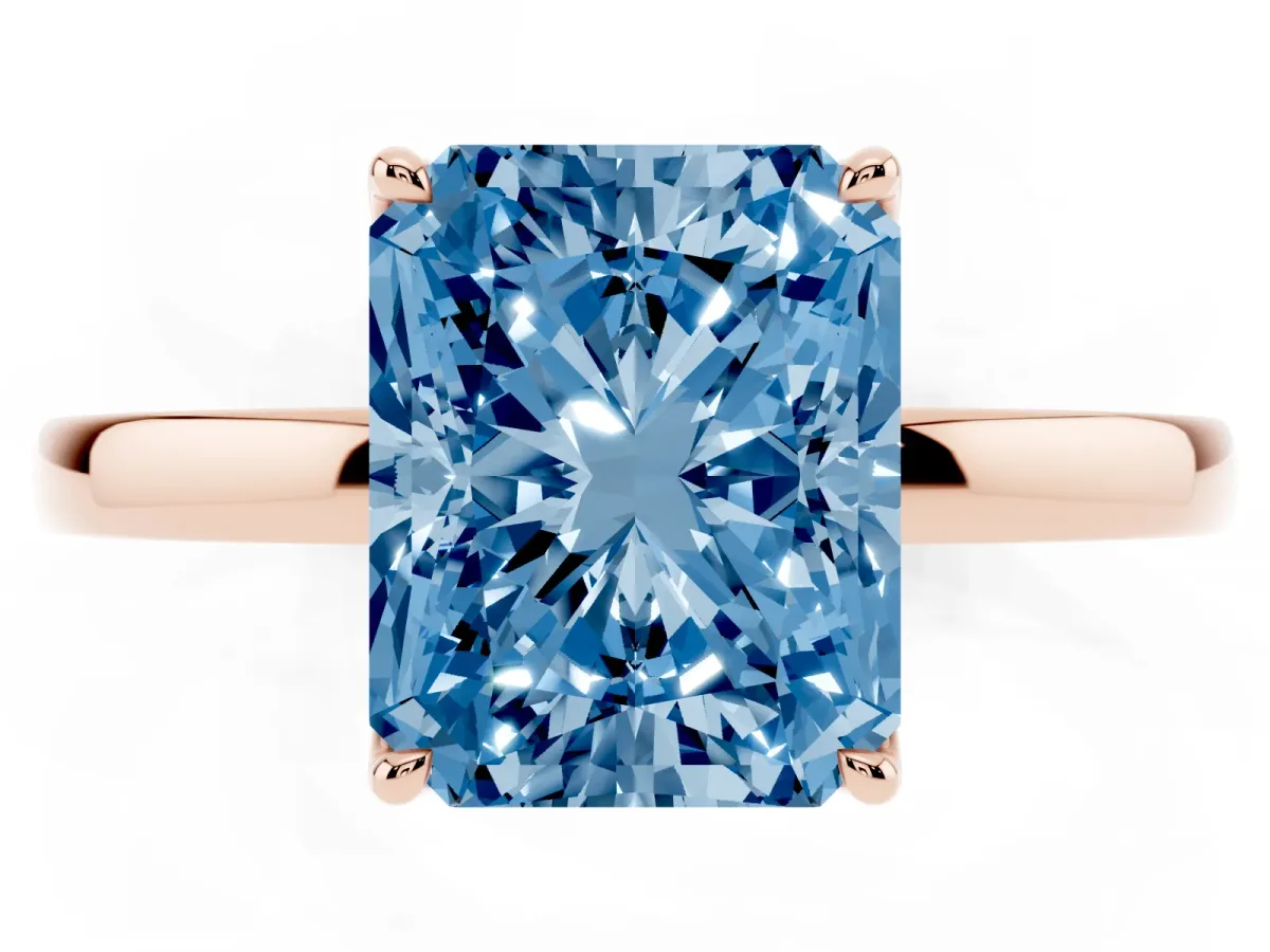 Fancy Blue Radiant Cut Diamond Solitaire Ring with Thin Band and Prong Setting Rose gold