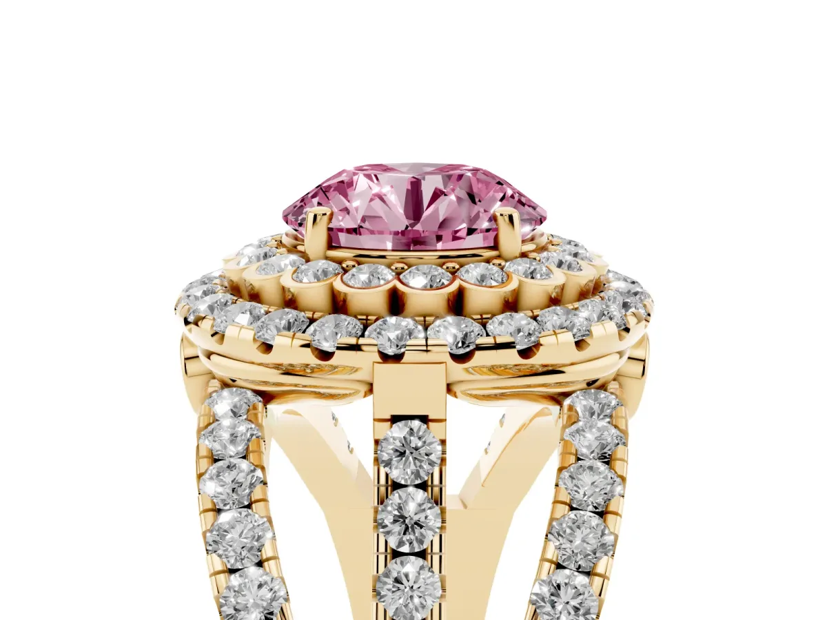 Fancy Pink Round Cut Diamond Double Halo Ring with Round Pavé Split Shank and Prong Setting Yellow gold