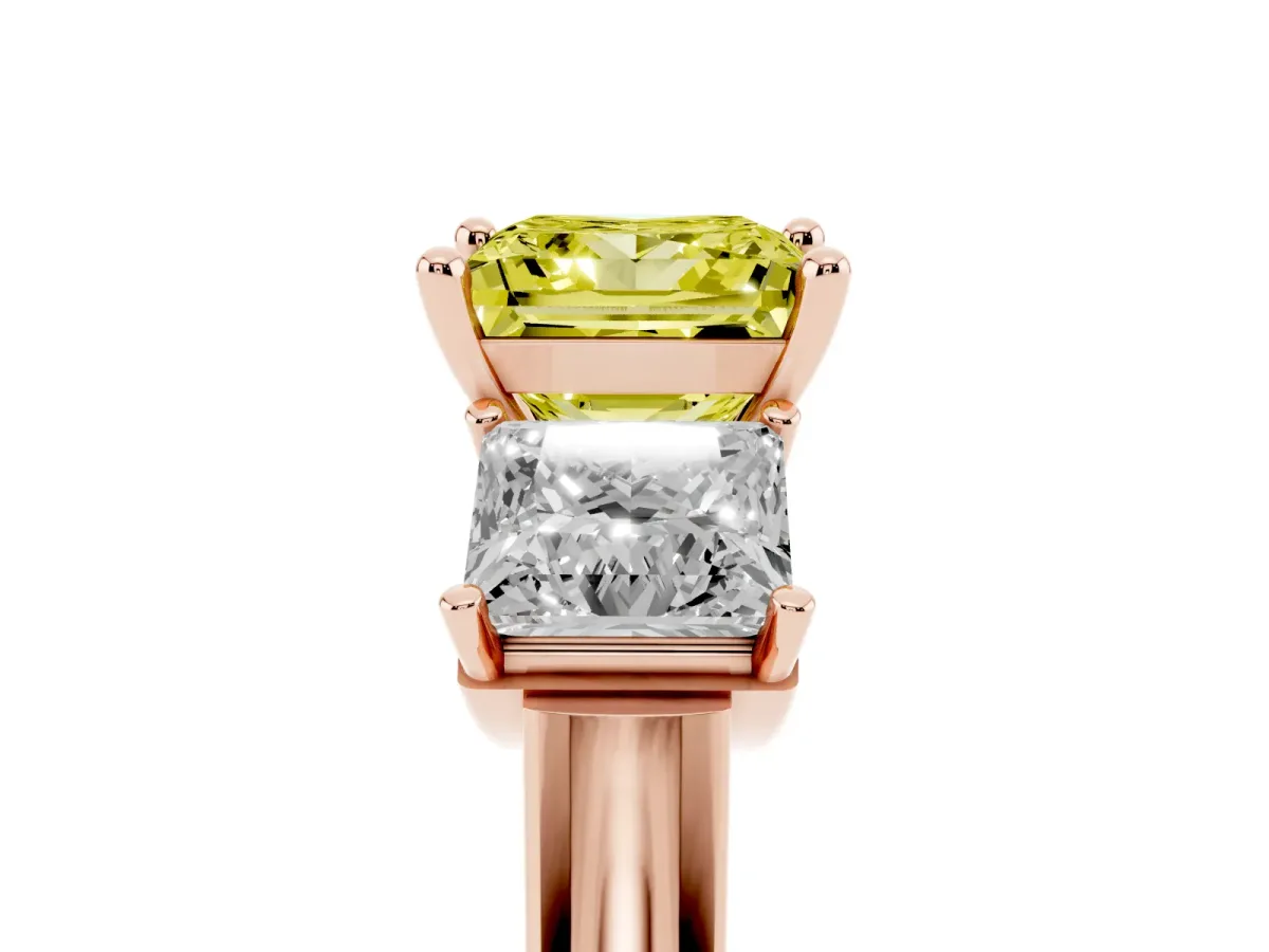 Fancy Yellow Three-Stone Princess Cut Brilliant Diamond Trellis Ring with Comfort Fit Band Rose gold