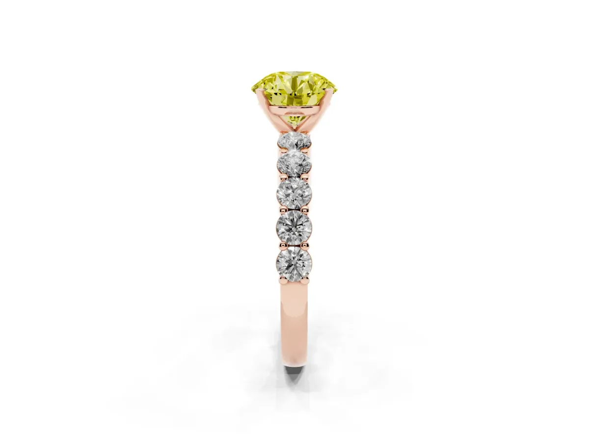 Fancy Yellow Round Cut Diamond Solitaire Ring with Shared Prong Round Side Stones Rose gold