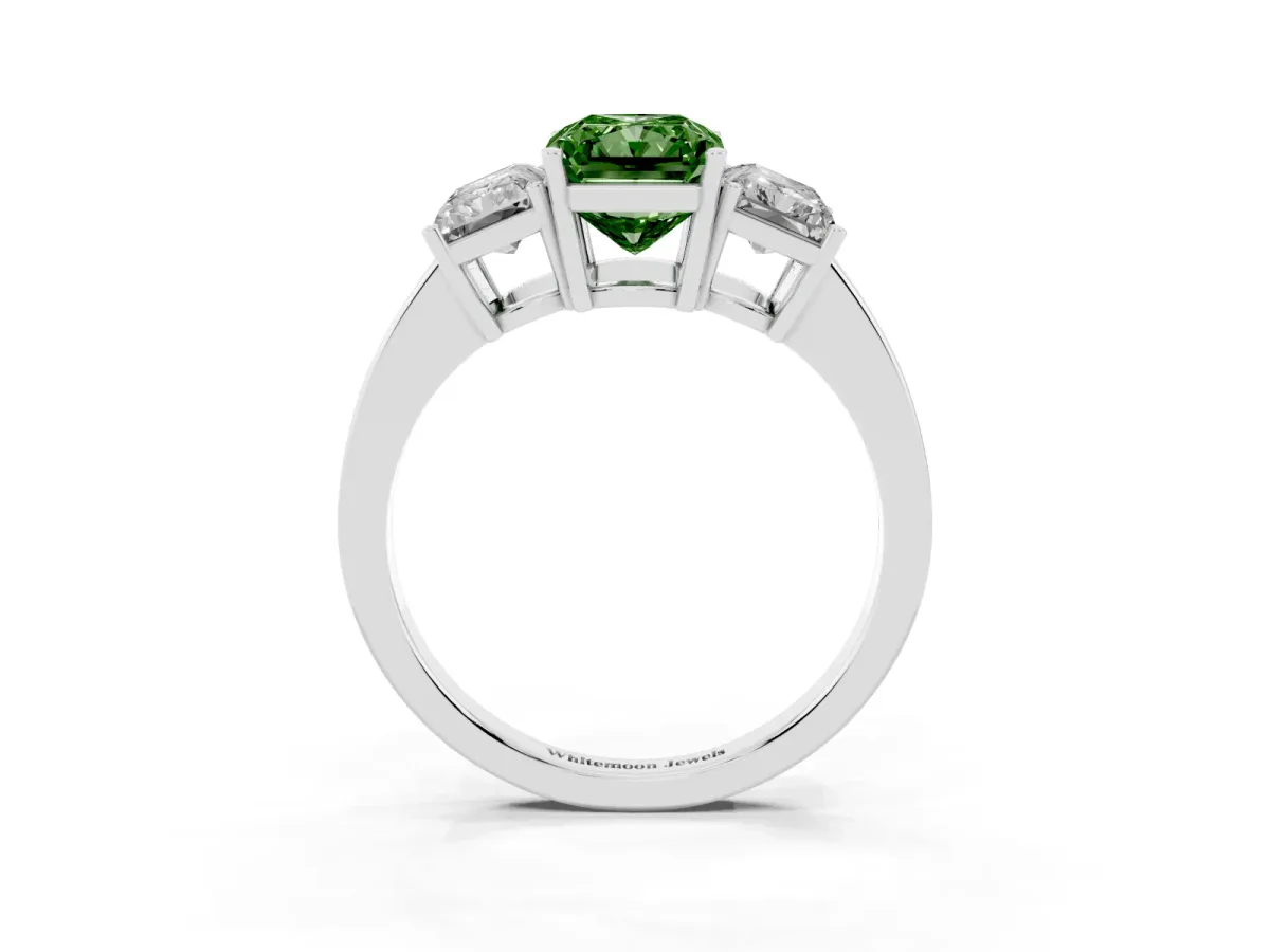 Fancy Green Three-Stone Radiant Cut Cut Diamond Engagement Ring with Flat Band and Four-Prong Setting Silver