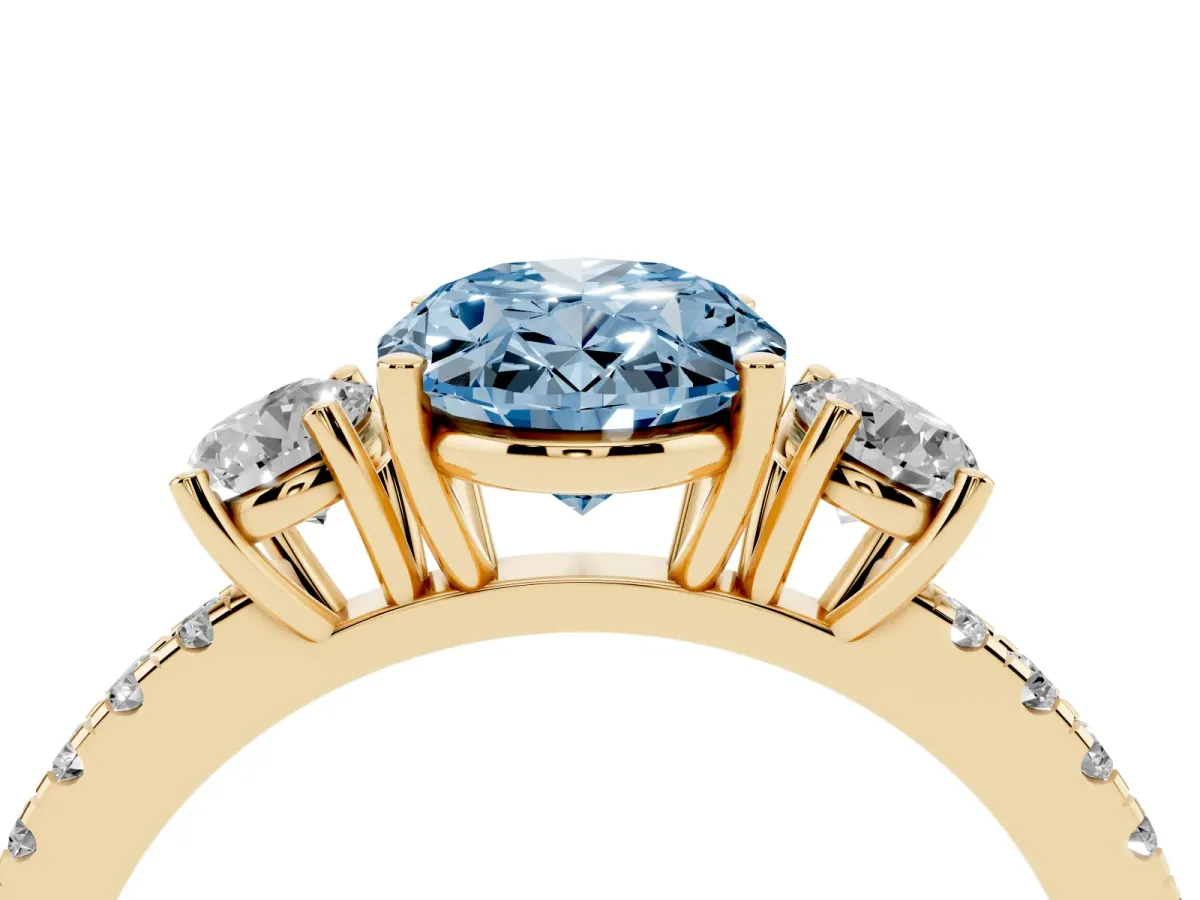 Fancy Blue Three-Stone Oval Cut Cut Diamond Pavé Band with Prong Setting Yellow gold