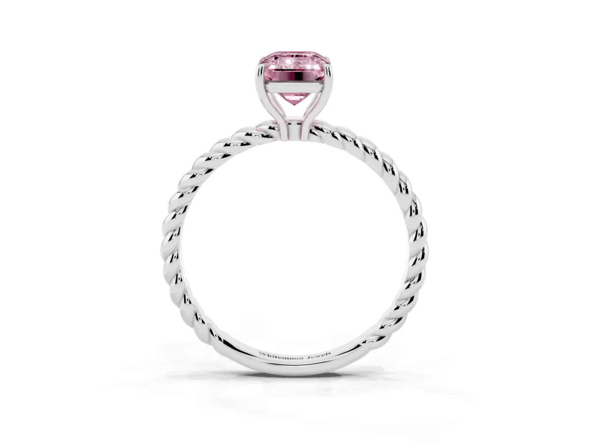 Fancy Pink Emerald Cut Solitaire Twisted Band 4-Prong Ring Silver