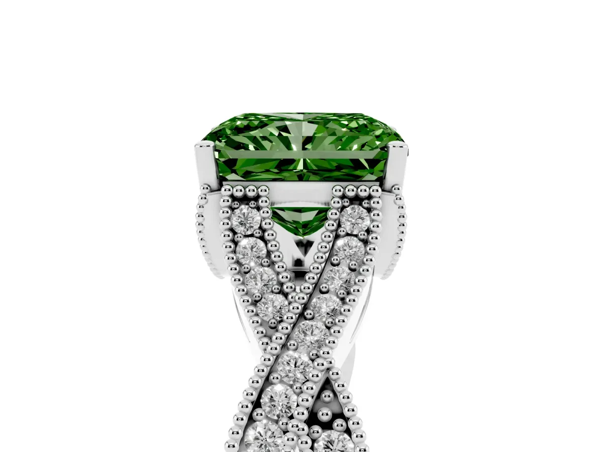 Fancy Green Radiant Cut Cut Diamond Twisted Band with Milgrain Pave Setting and Four-Prong Setting Platinum