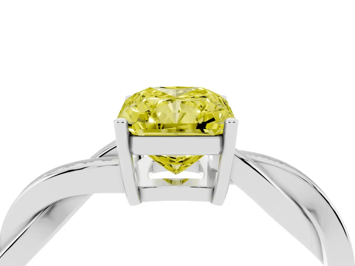 Fancy Yellow Radiant Cut Solitaire Twisted Pave Diamond Ring with Four-Prong Setting Silver