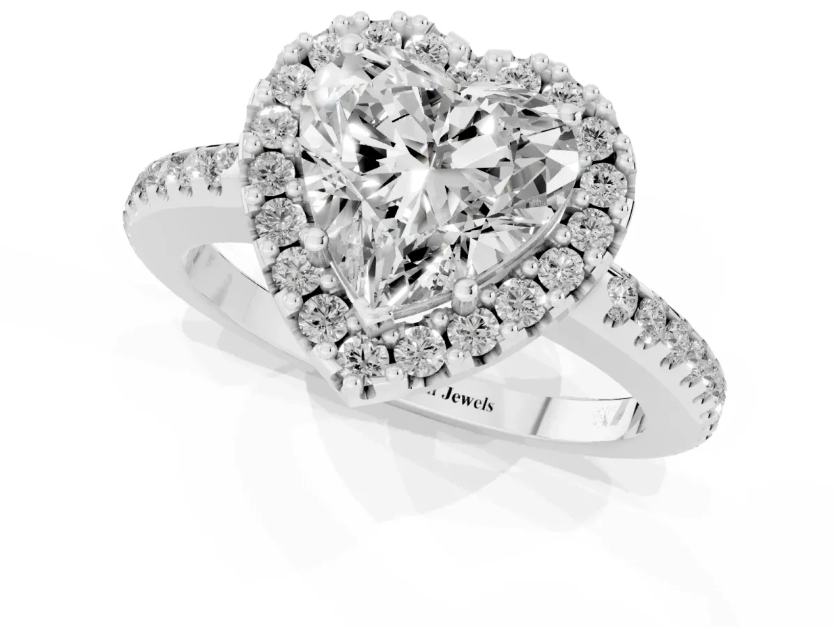 Heart Cut Diamond Pavé Halo Ring with Four-Prong Setting Silver