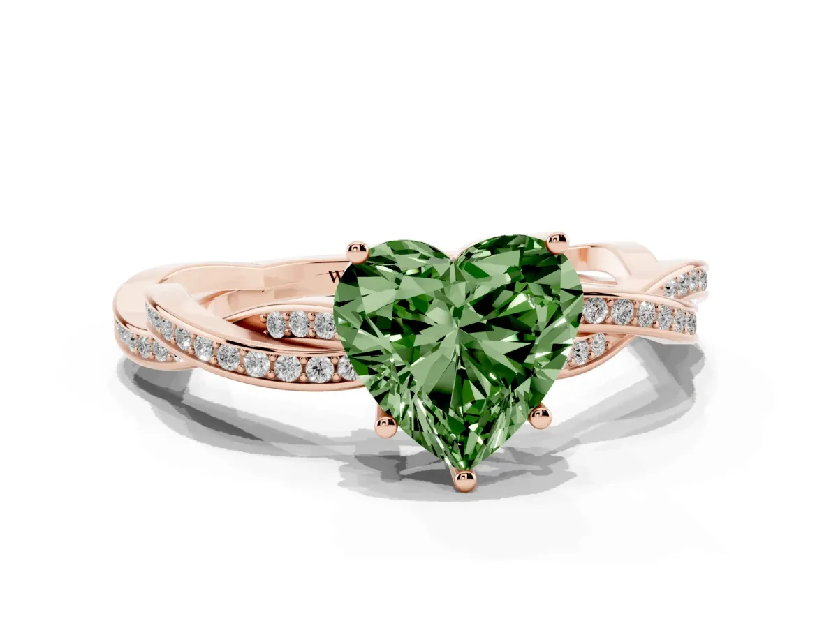Fancy Green Heart Cut Solitaire Twisted Pave Diamond Ring with Four-Prong Setting Rose gold