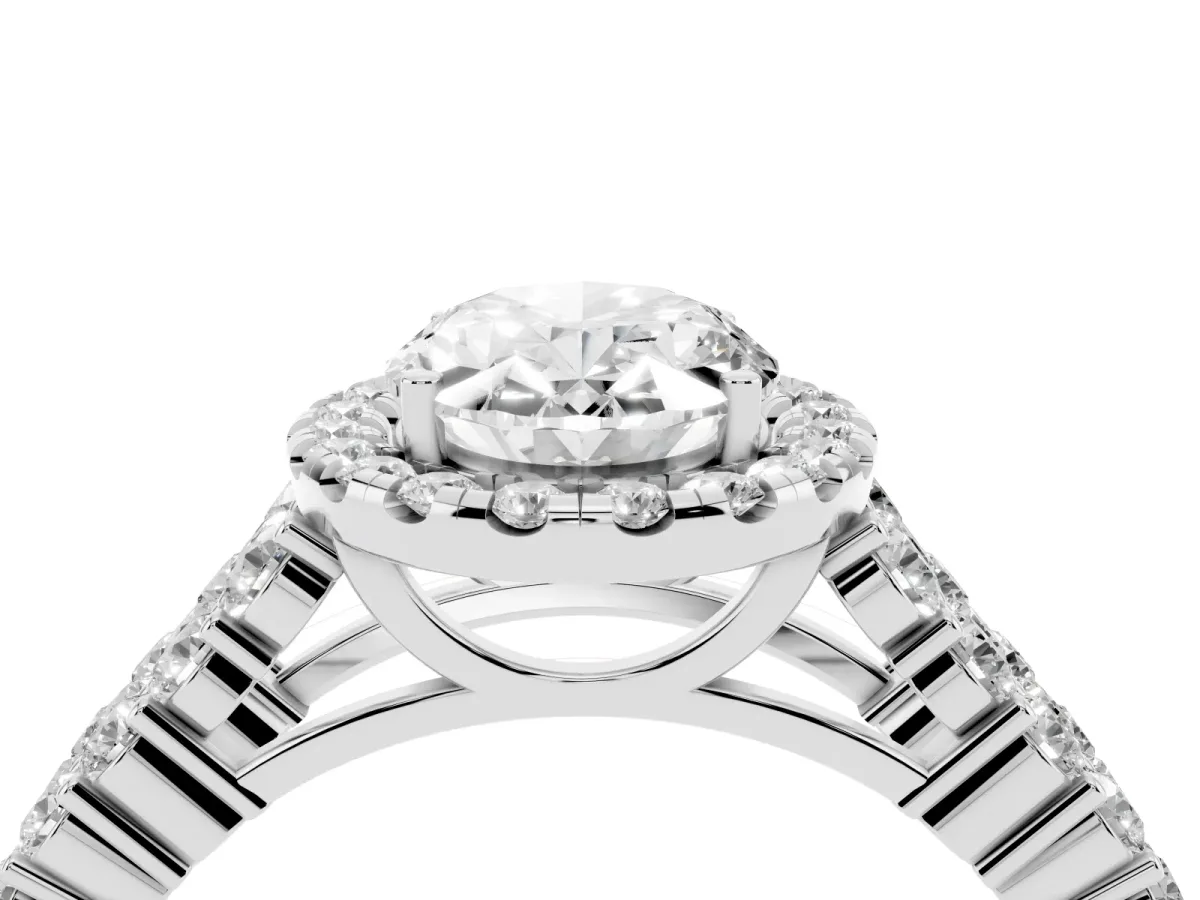 Oval Cut Diamond Halo Engagement Ring with Triple Row Round Pavé Band and Prong Setting Platinum