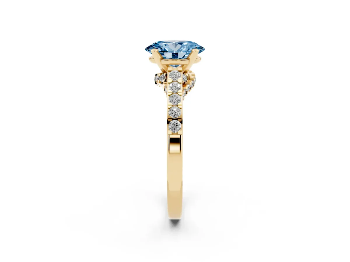 Fancy Blue Oval Cut Diamond Solitaire Ring with Crossover Gallery and Round Pavé Band Yellow gold