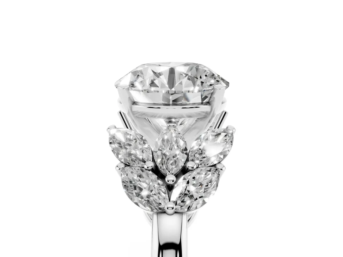 Round Cut Diamond Cluster Leaf Design Ring with Prong Setting Silver