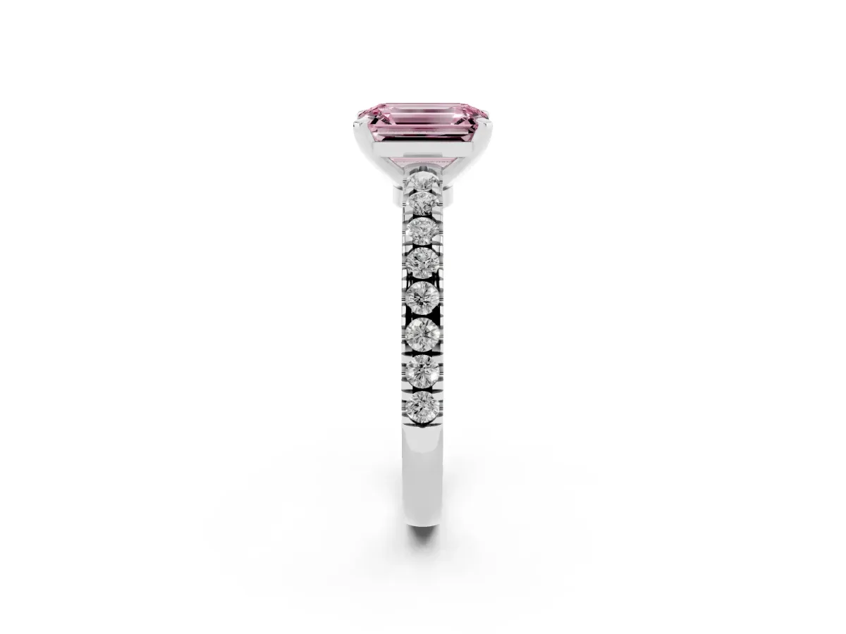 Fancy Pink Emerald Cut Solitaire Diamond with Pavé Band and Four-Prong Setting Silver