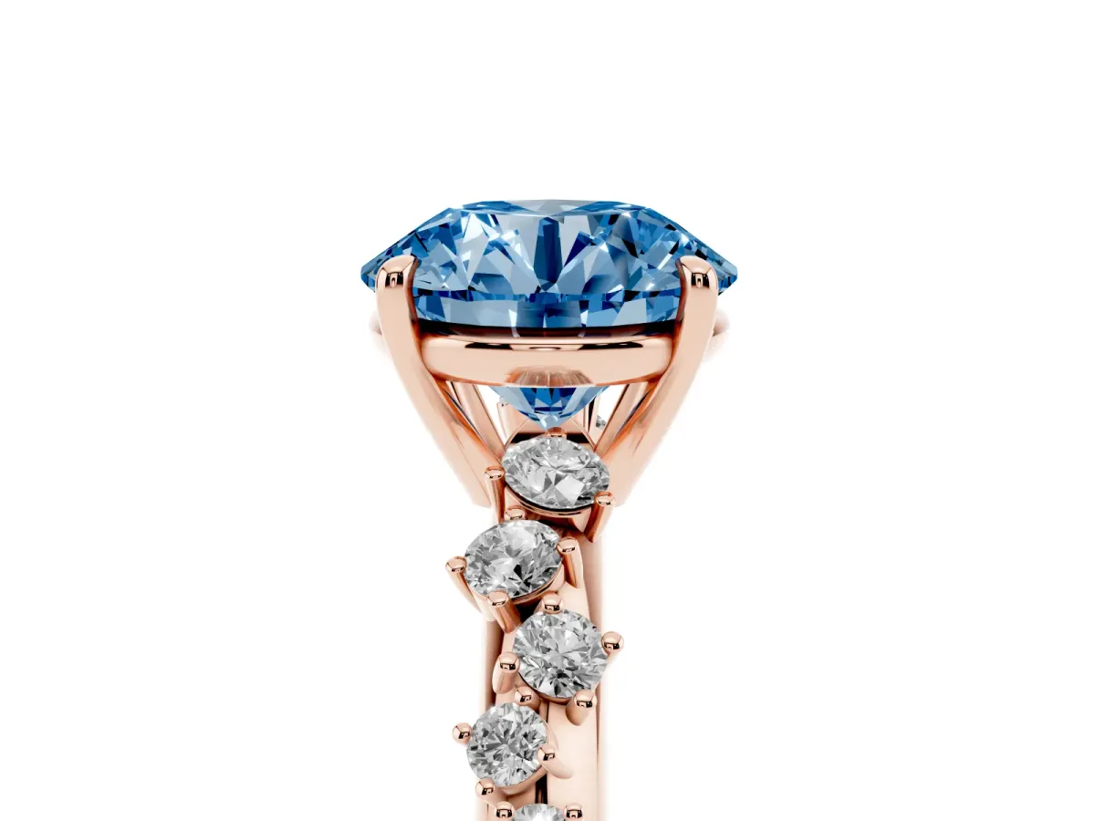 Fancy Blue Round Cut Diamond Cluster Side Stone Solitaire Ring with Prong Setting Rose gold