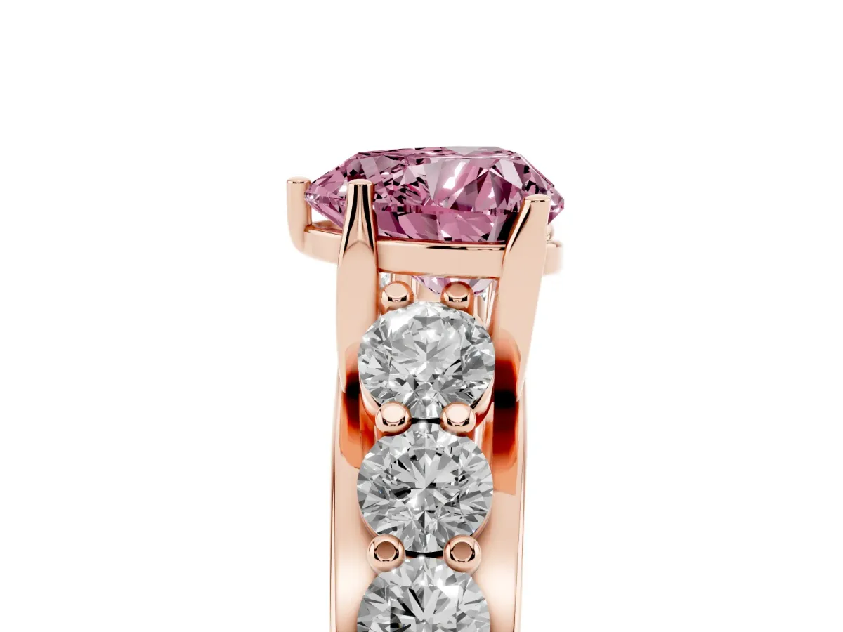 Fancy Pink Heart Cut Diamond Engagement Ring with Pavé Band and Four-Prong Setting Rose gold