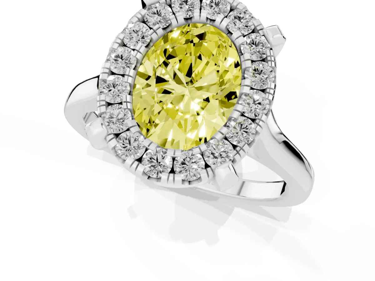 Fancy Yellow Oval Cut Diamond Cluster Halo Solitaire with Four-Prong Setting Silver