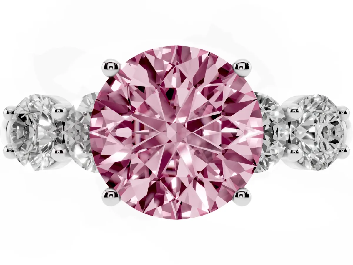 Fancy Pink Round Cut Cut Five-Stone Prong Set Diamond Ring with Classic Band Silver