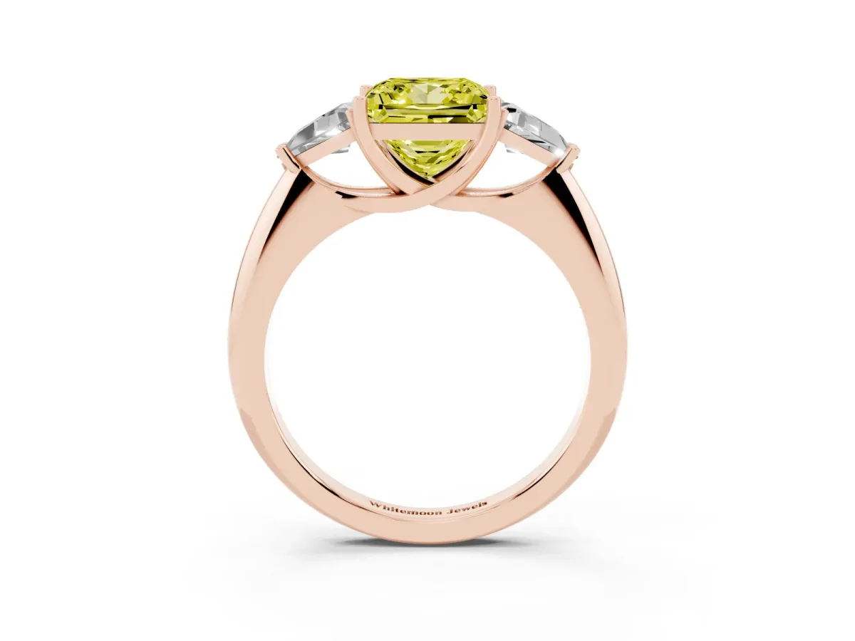Fancy Yellow Three-Stone Princess Cut Diamond Engagement Ring with Trillion Side Stones and Prong Setting Rose gold