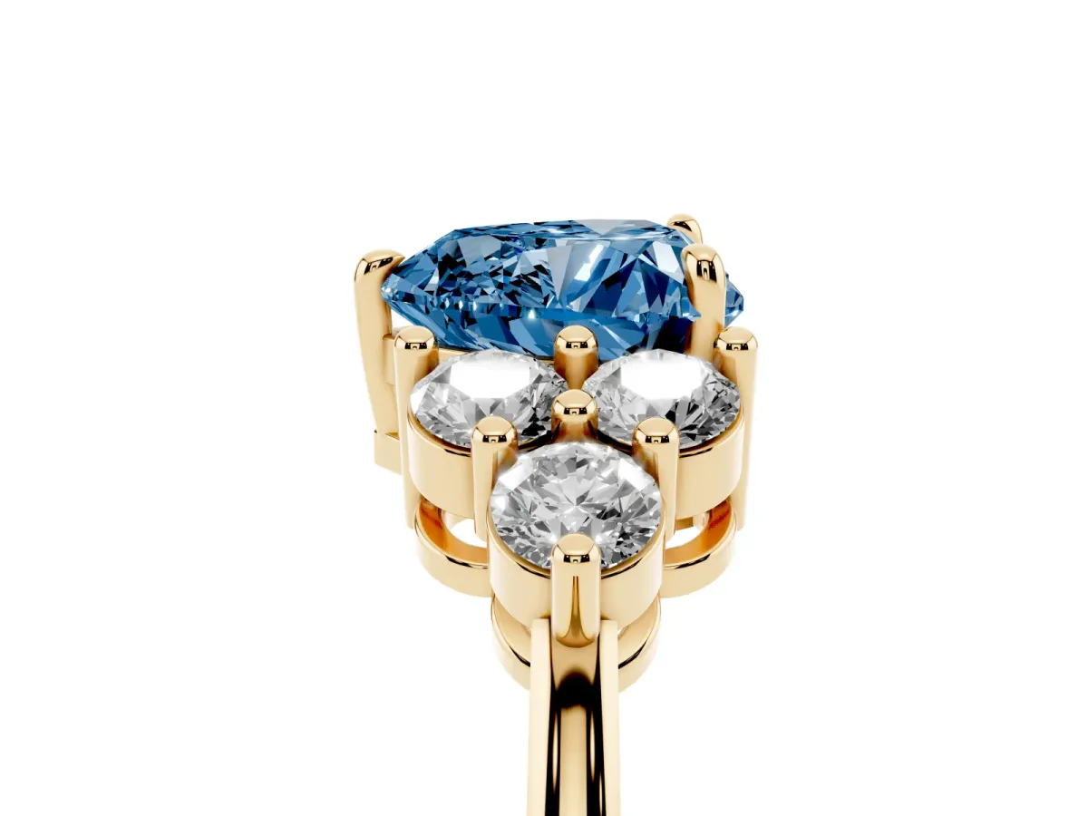 Fancy Blue Heart Cut Brilliant Diamond Cluster Accent Solitaire Ring with Prong Setting Yellow gold