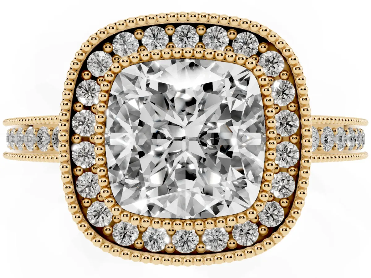Cushion Cut Cut Halo Diamond Ring with Pavé Band and Milgrain Prong Setting Yellow gold