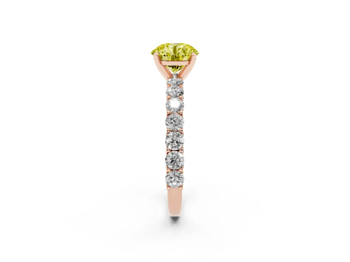 Fancy Yellow Round Cut Diamond Solitaire Ring with Shared Prong Pavé Band and Four-Prong Setting Rose gold