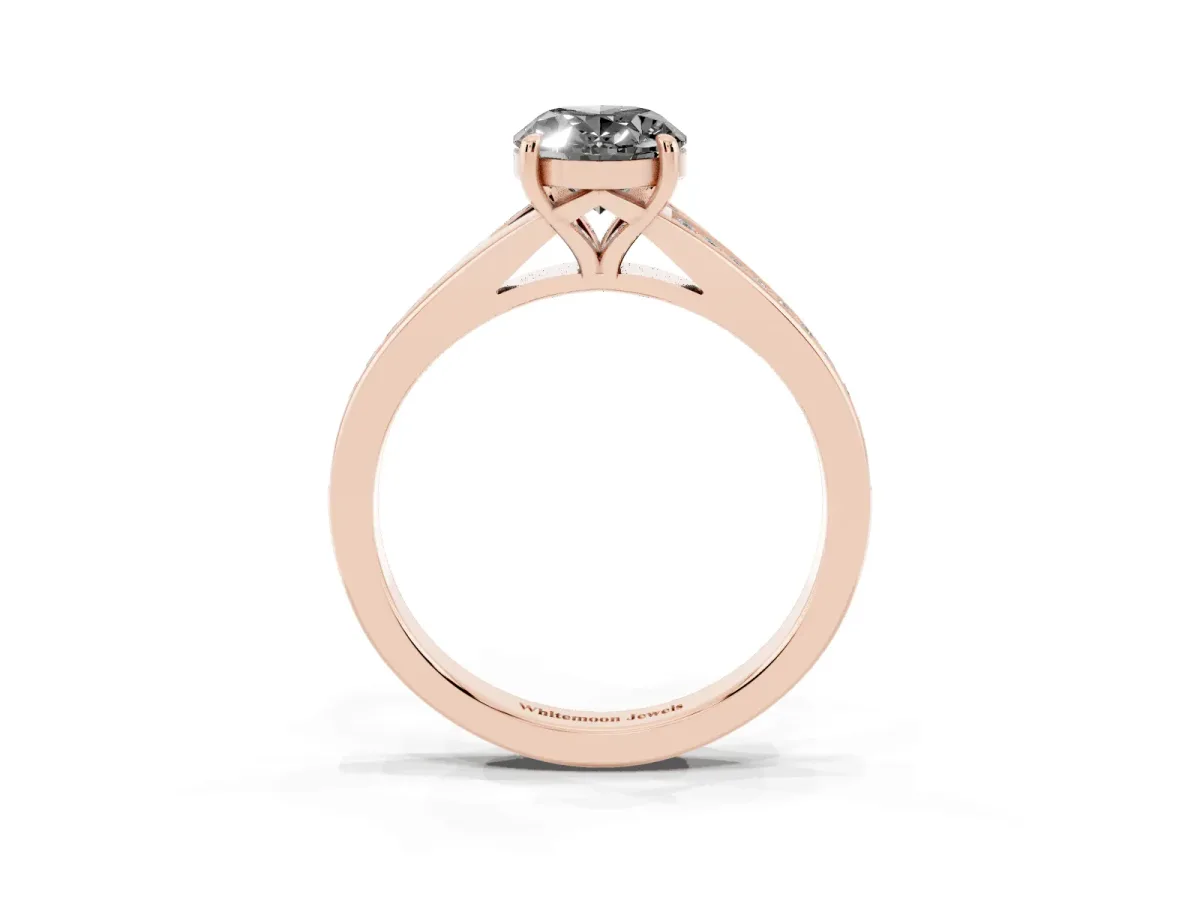 Fancy Black Oval Cut Diamond Solitaire Ring with Pavé Band and Prong Setting Rose gold