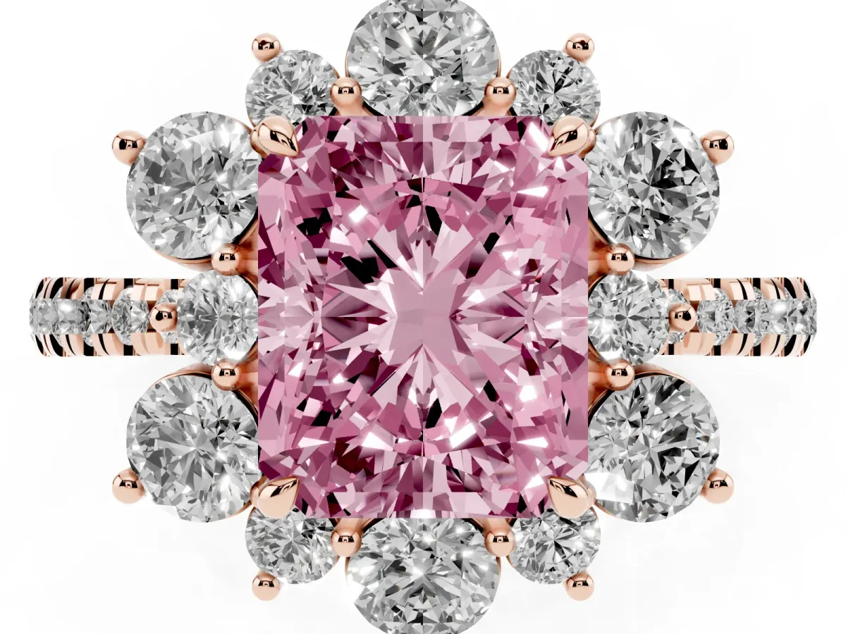 Fancy Pink Radiant Cut Diamond Floral Halo Ring with Round Pavé Band and Prong Setting Rose gold