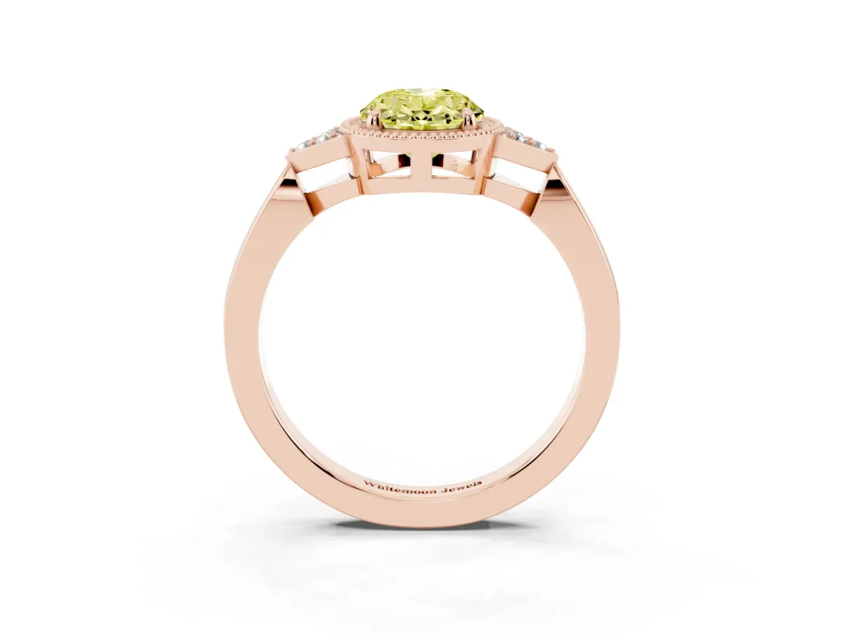 Fancy Yellow Oval Cut Diamond Halo Ring with Tapered Band and Four-Prong Setting Rose gold