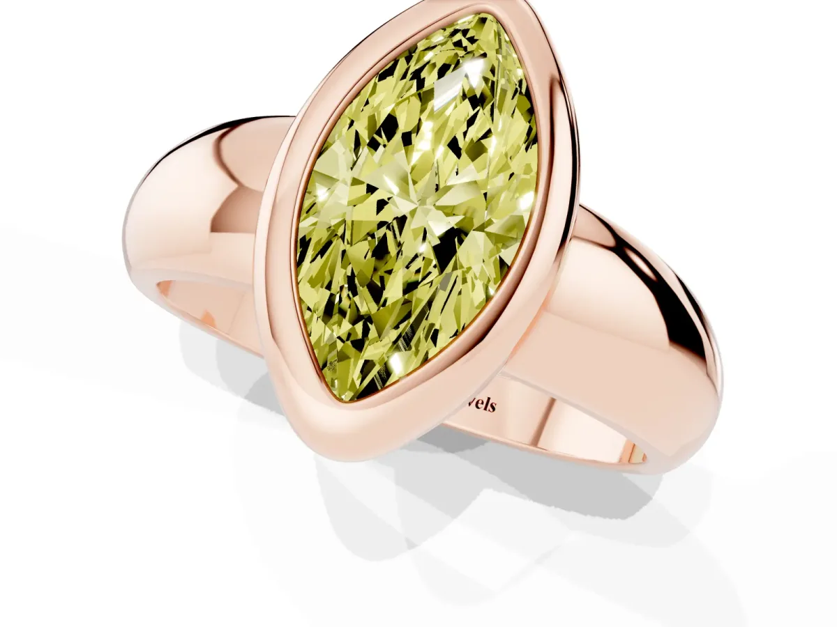 Fancy Yellow Bezel Set Marquise Cut Solitaire Ring with Wide Band Rose gold