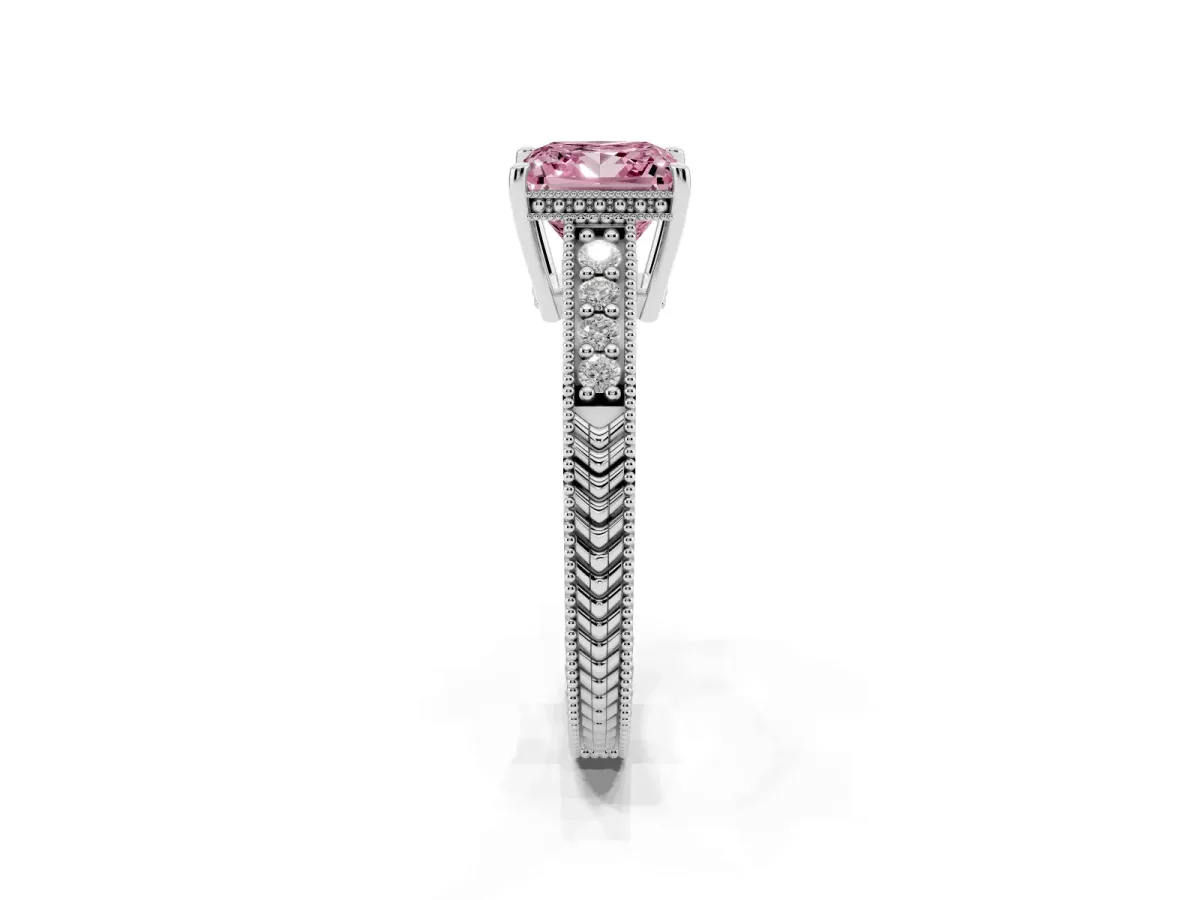 Fancy Pink Princess Cut Solitaire Pavé Diamond Milgrain Engagement Ring with Four-Prong Setting Silver