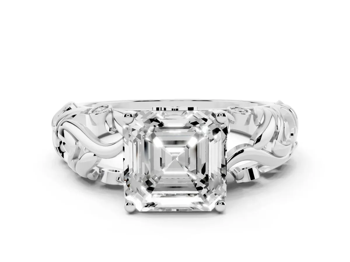 Asscher Cut Solitaire Diamond Leaf-Inspired Vine Band Ring with Prong Setting Silver