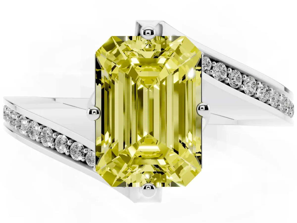 Fancy Yellow Emerald Cut Solitaire Diamond Twist Band with Pavé Setting and Four-Prong Setting Silver