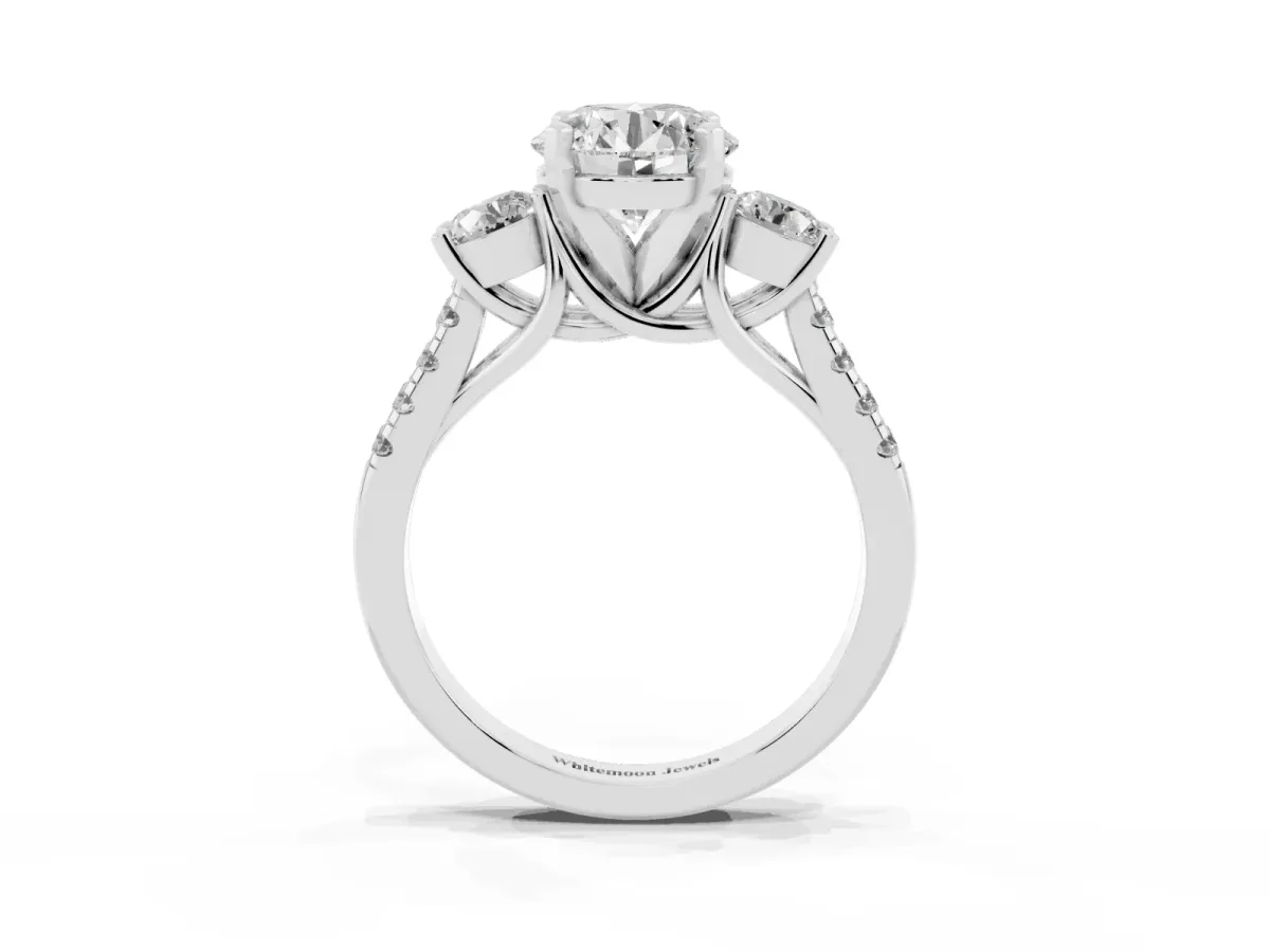Three-Stone Round Cut Diamond Pavé Band with Four-Prong Setting White gold