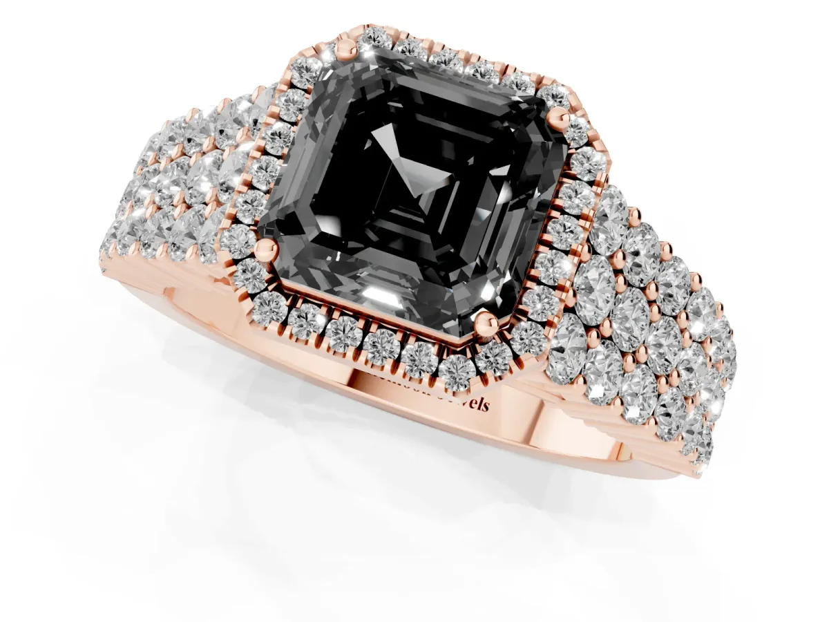 Fancy Black Asscher Cut Diamond Halo Engagement Ring with Triple Row Round Pavé Band and Prong Setting Rose gold