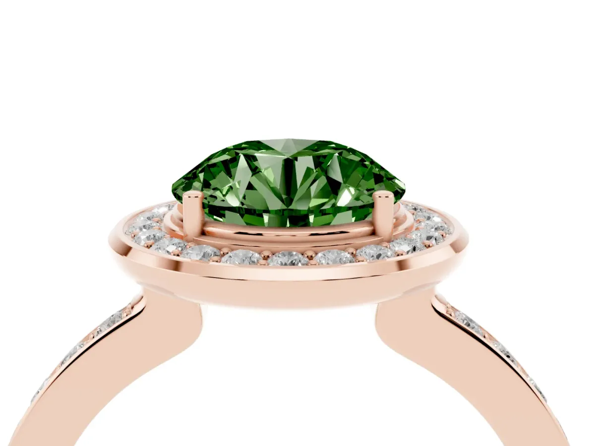 Fancy Green Round Cut Diamond Halo Ring with Bezel Frame and Pavé Band Rose gold
