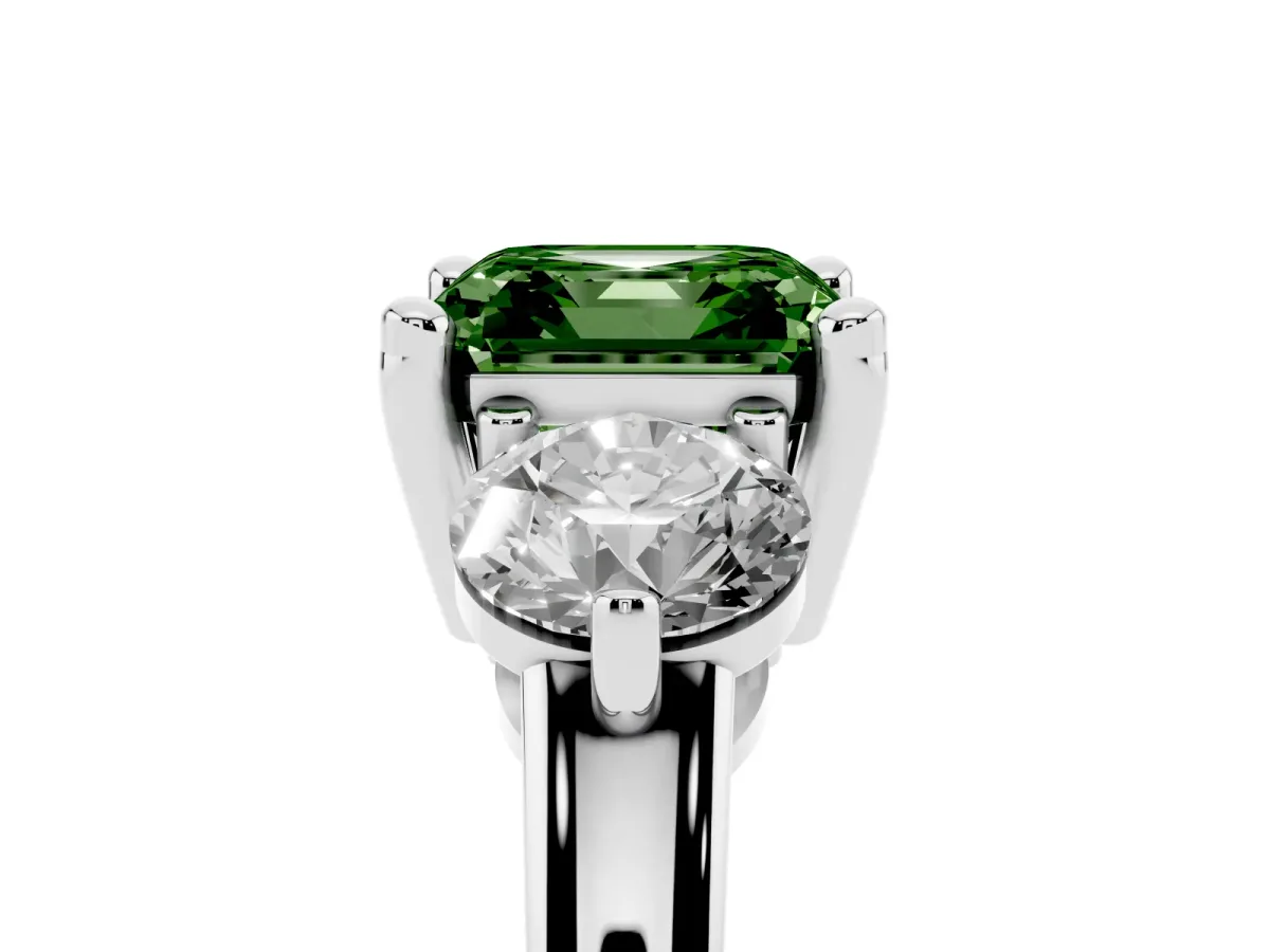 Fancy Green Three-Stone Asscher Cut Brilliant Cut Solitaire Ring with Prong Setting on a Classic Band White gold