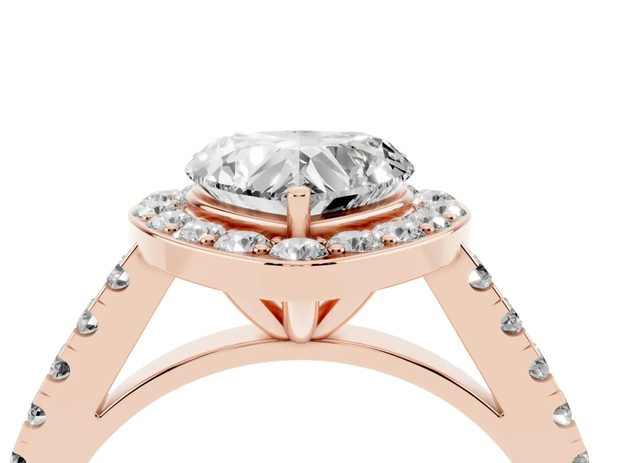 Heart Cut Diamond Halo Ring with Round Pavé Split Shank and Prong Setting Rose gold