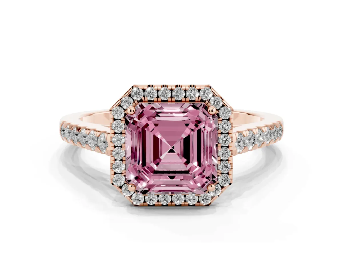 Fancy Pink Asscher Cut Halo Pave Diamond Engagement Ring with Four-Prong Setting Rose gold