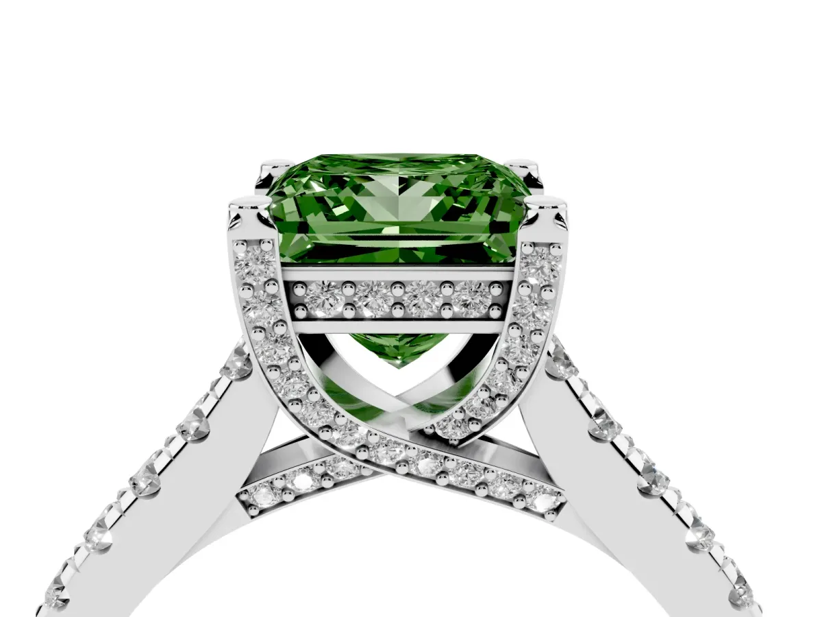 Fancy Green Princess Cut Brilliant Diamond Solitaire with Pavé Band and Four-Prong Setting Silver
