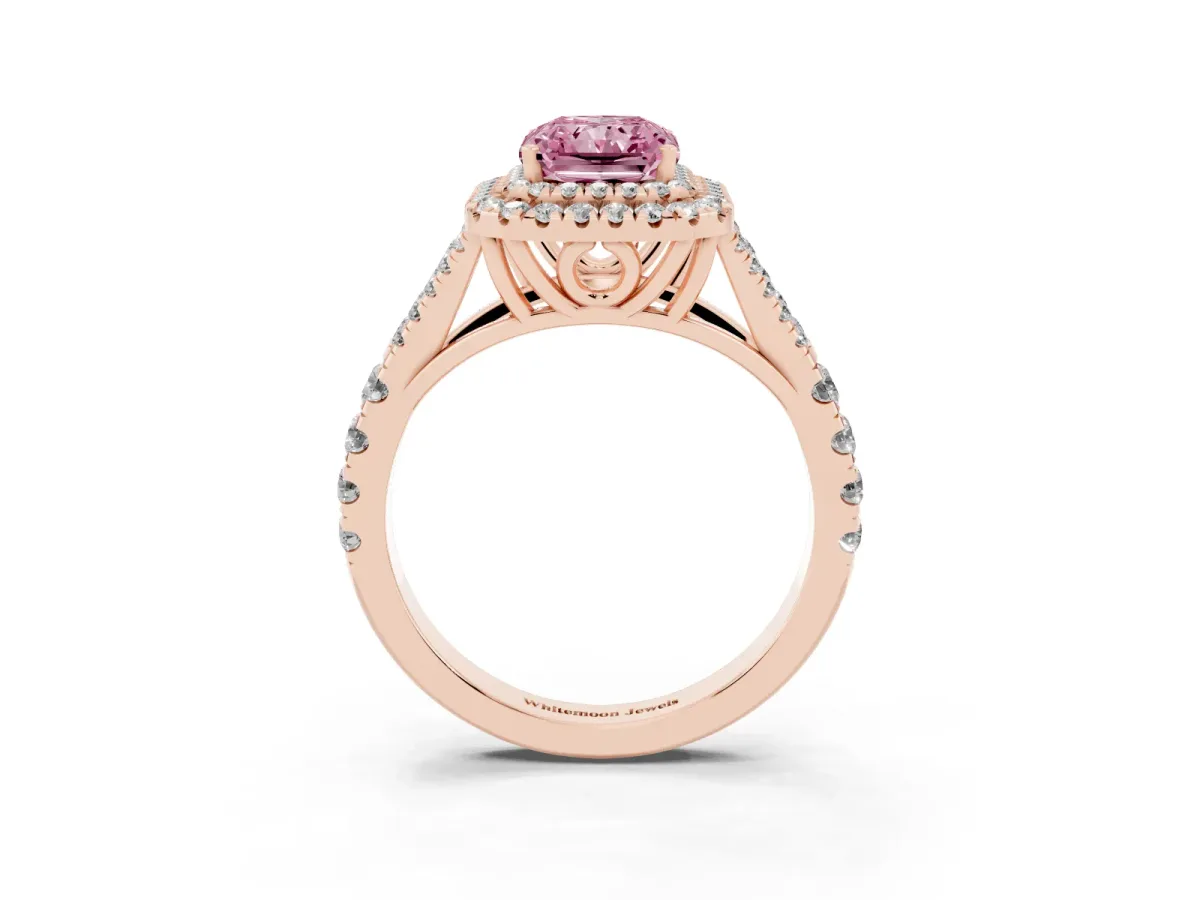 Fancy Pink Radiant Cut Diamond Pavé Split Shank Double Halo Engagement Ring Rose gold
