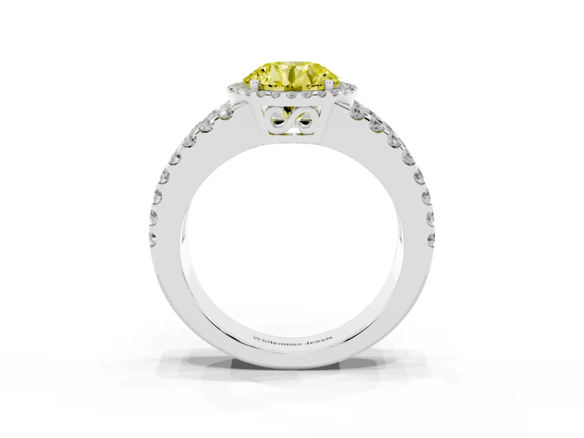 Fancy Yellow Round Cut Cut Halo Split Shank Diamond Ring with Four-Prong Setting Platinum