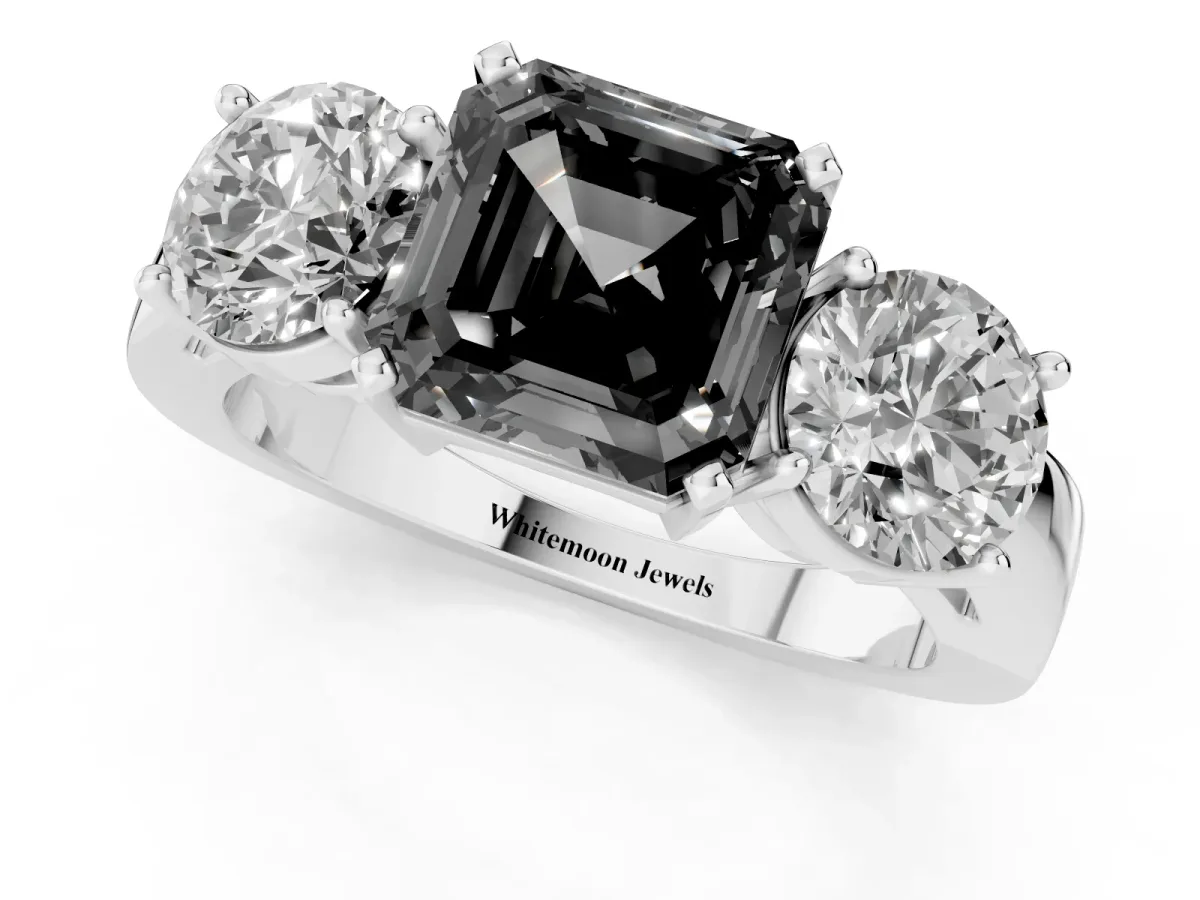 Fancy Black Three-Stone Asscher Cut Diamond Ring with Round Side Stones, Classic Band, and Four-Prong Setting Platinum