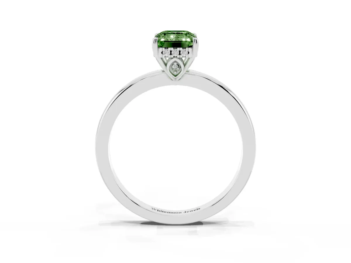 Fancy Green Emerald Cut Solitaire Diamond Ring with Prong Setting and Plain Band Silver