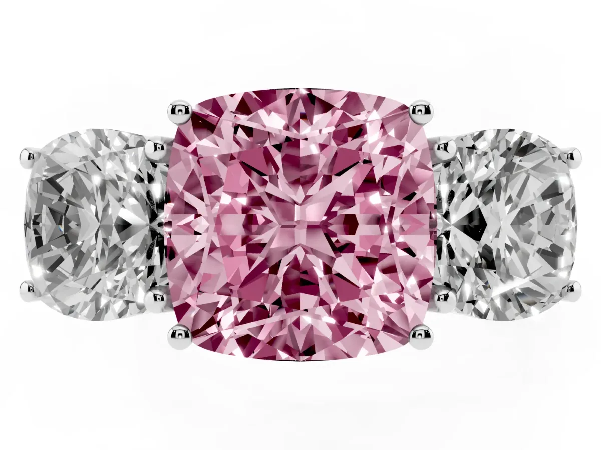 Fancy Pink Three-Stone Cushion Cut Diamond Braided Band Ring with Four-Prong Setting Platinum