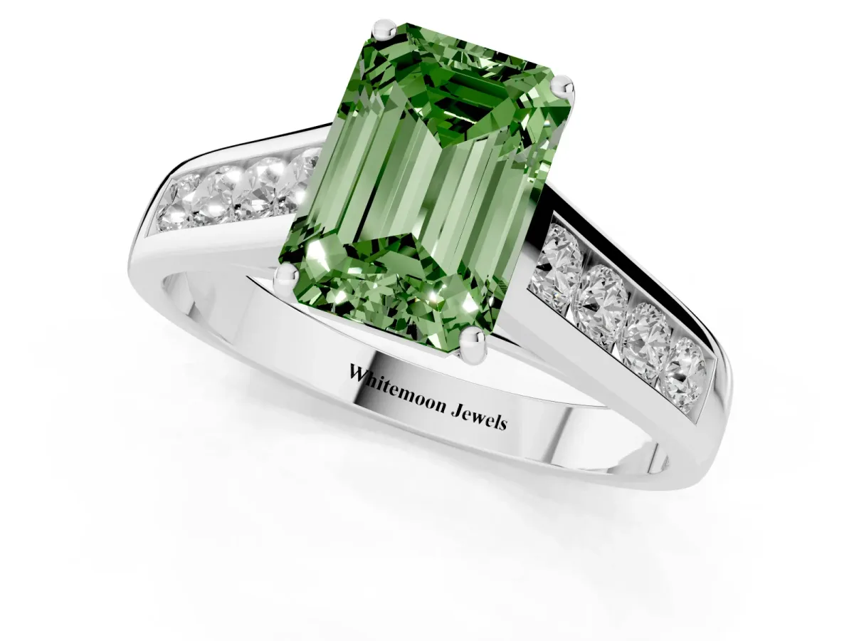 Fancy Green Emerald Cut Solitaire Channel-Set Diamond Engagement Ring with Four-Prong Setting Silver