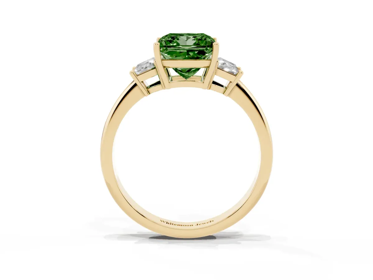 Fancy Green Princess Cut Diamond Three-Stone Ring with Trapezoid Side Stones and Prong Setting Yellow gold