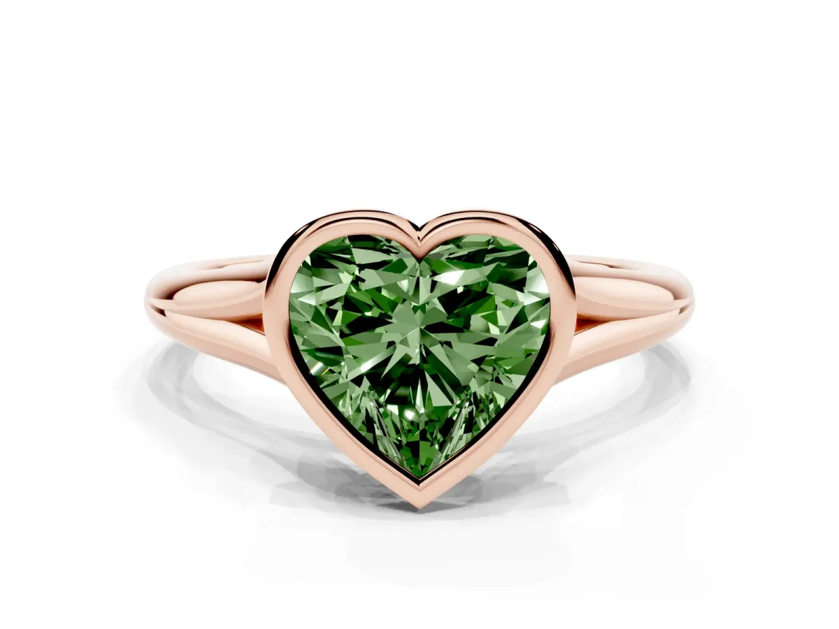 Fancy Green Bezel Set Heart Cut Cut Solitaire Ring with Tapered Band Rose gold