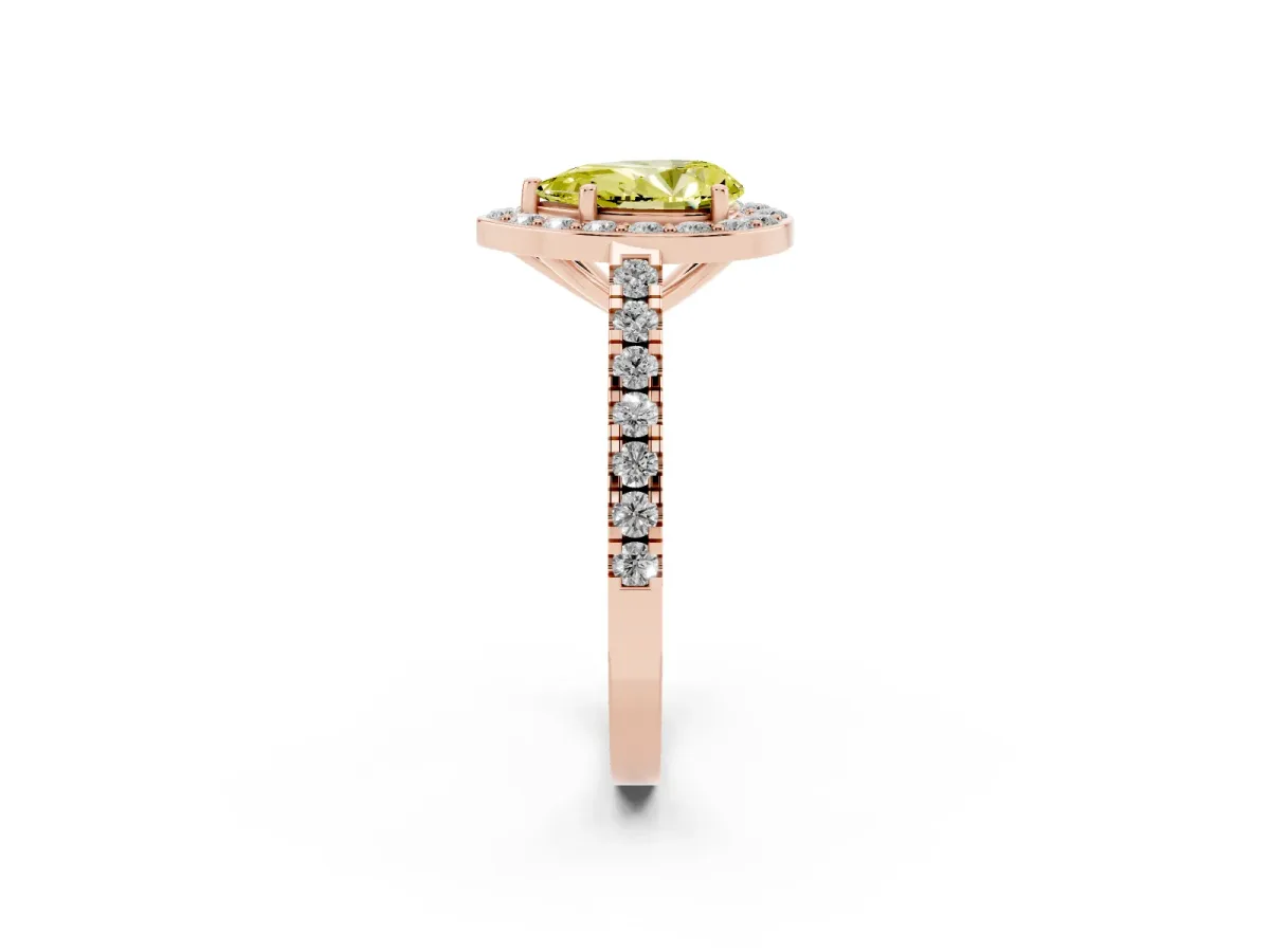 Fancy Yellow Pear Cut Diamond Halo Ring with Round Pavé Split Shank and Prong Setting Rose gold