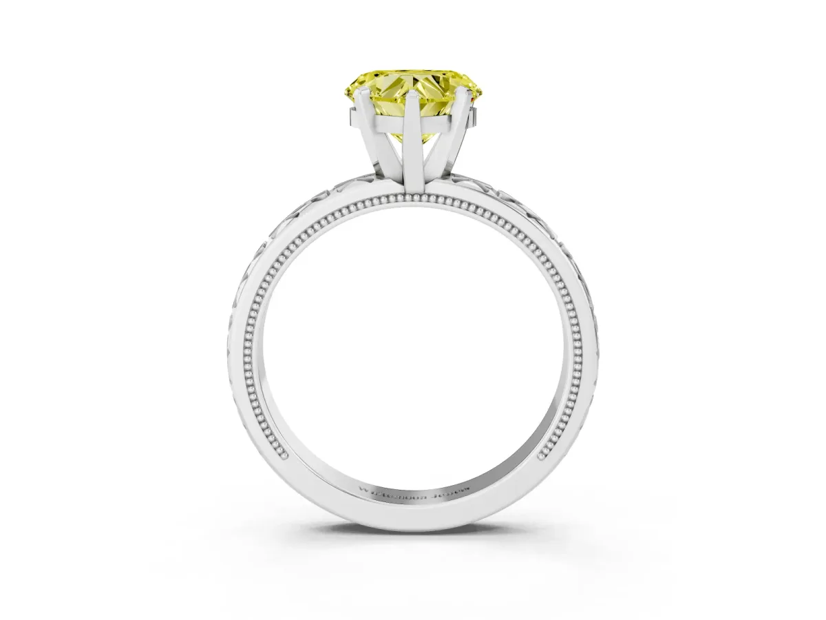 Fancy Yellow Heart Cut Solitaire Diamond Engagement Ring with XO Engraved Band and Four-Prong Setting White gold