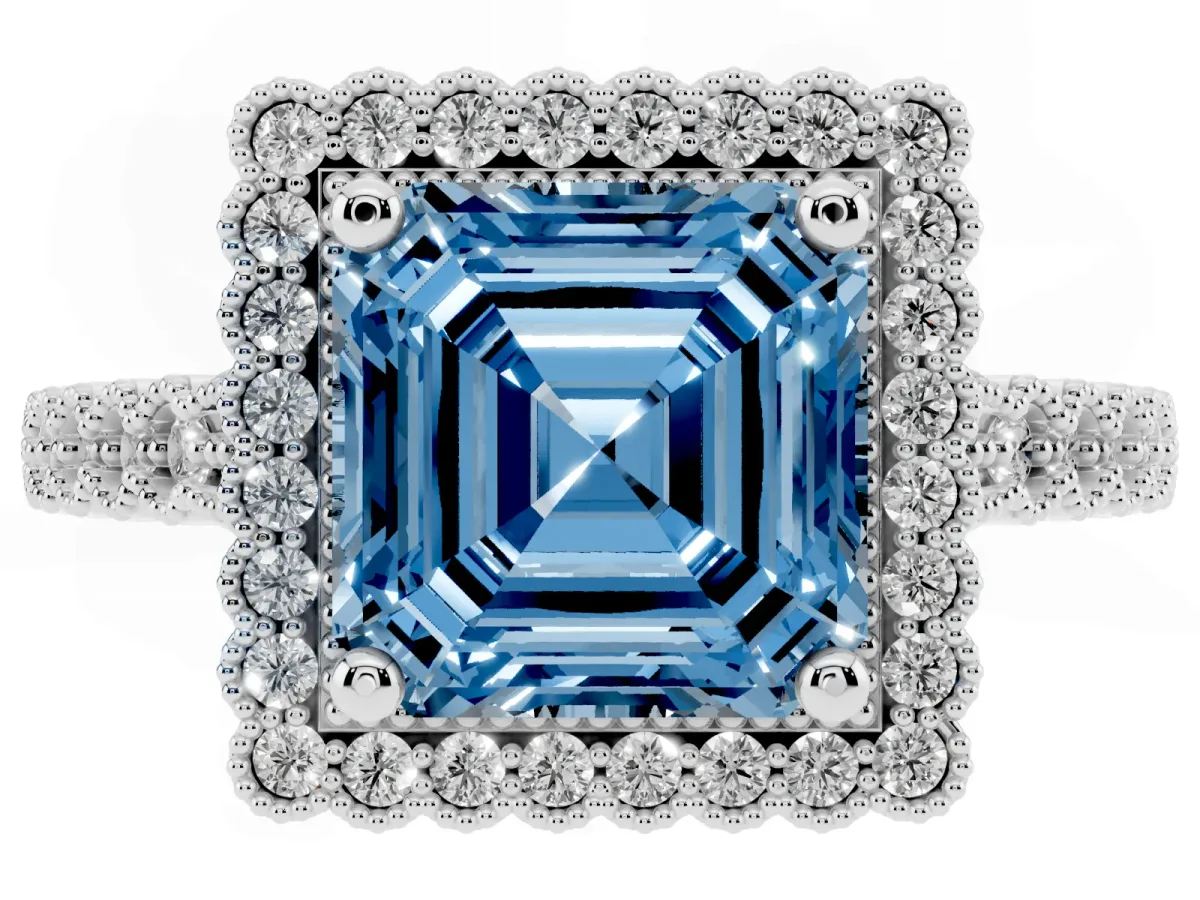 Fancy Blue Asscher Cut Cut Halo Pavé Solitaire Ring with Milgrain Band Platinum