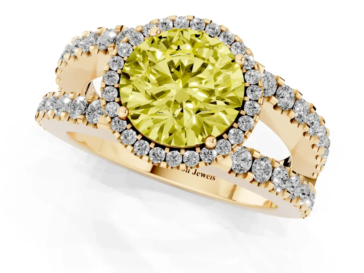 Fancy Yellow Round Cut Cut Halo Split Shank Diamond Ring with Four-Prong Setting Yellow gold