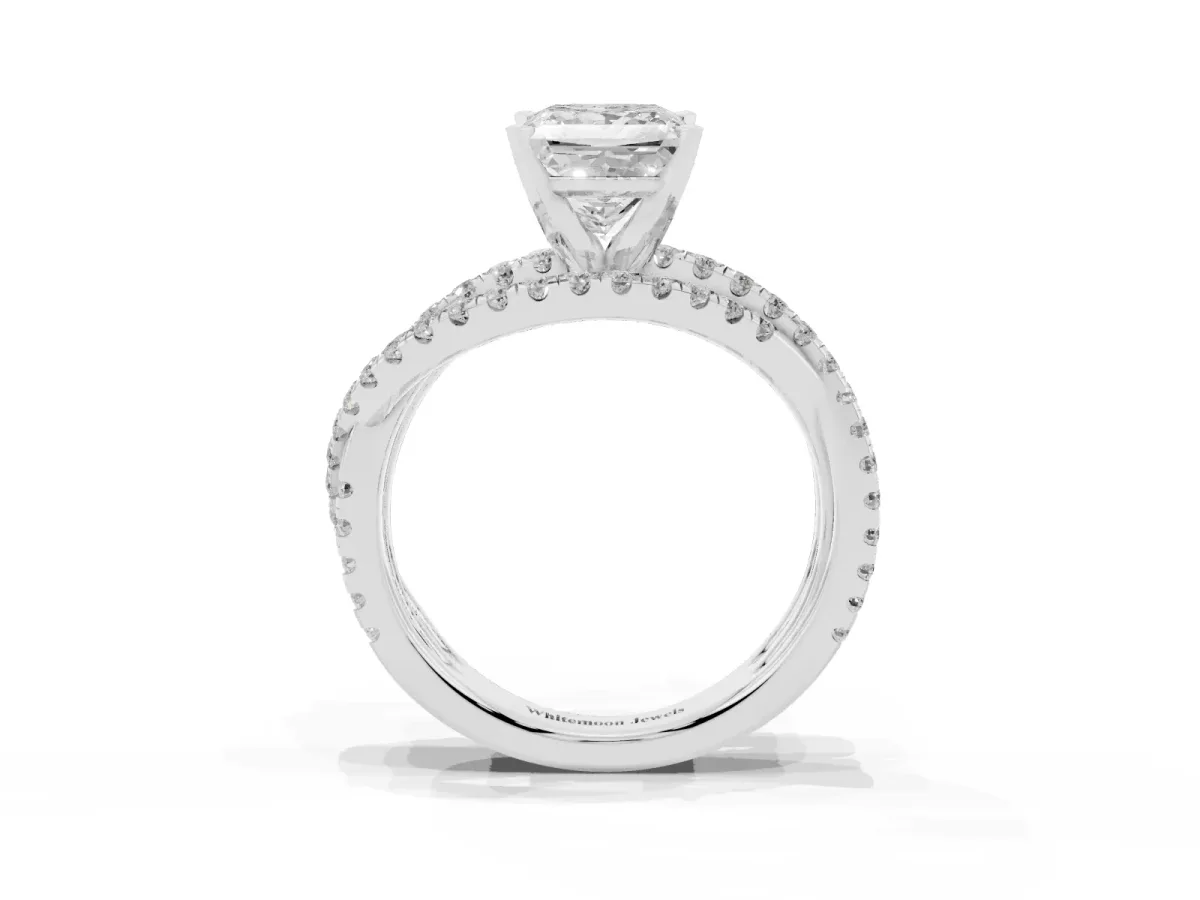 Princess Cut Solitaire Twist Band with Pavé Setting and Four-Prong Setting Silver